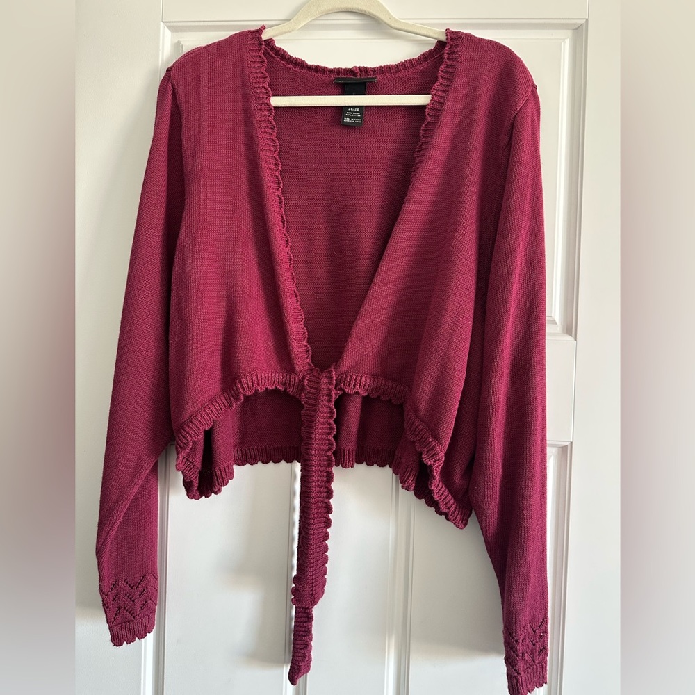 Lane Bryant plus size 26W/28W crop tie detail burgundy cardigan.